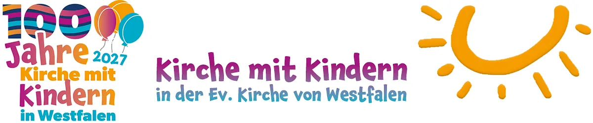Logo der westfälischen Kirche mit Kindern. Ein gelber Hintergrund mit weißer, stilisierter Sonne, eine Arche mit einem roten Kreuz als Mast, dazu zwei fröhliche Kinderköpfe. Dazu der Schriftzug Westfälischer Verband für Kindergottesdienst und eine große stilisierte gelbe Sonne.