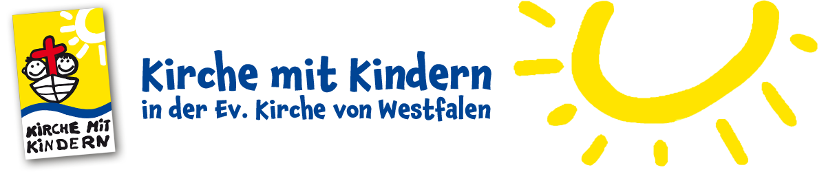 Logo der westfälischen Kirche mit Kindern. Ein gelber Hintergrund mit weißer, stilisierter Sonne, eine Arche mit einem roten Kreuz als Mast, dazu zwei fröhliche Kinderköpfe. Dazu der Schriftzug Westfälischer Verband für Kindergottesdienst und eine große stilisierte gelbe Sonne.