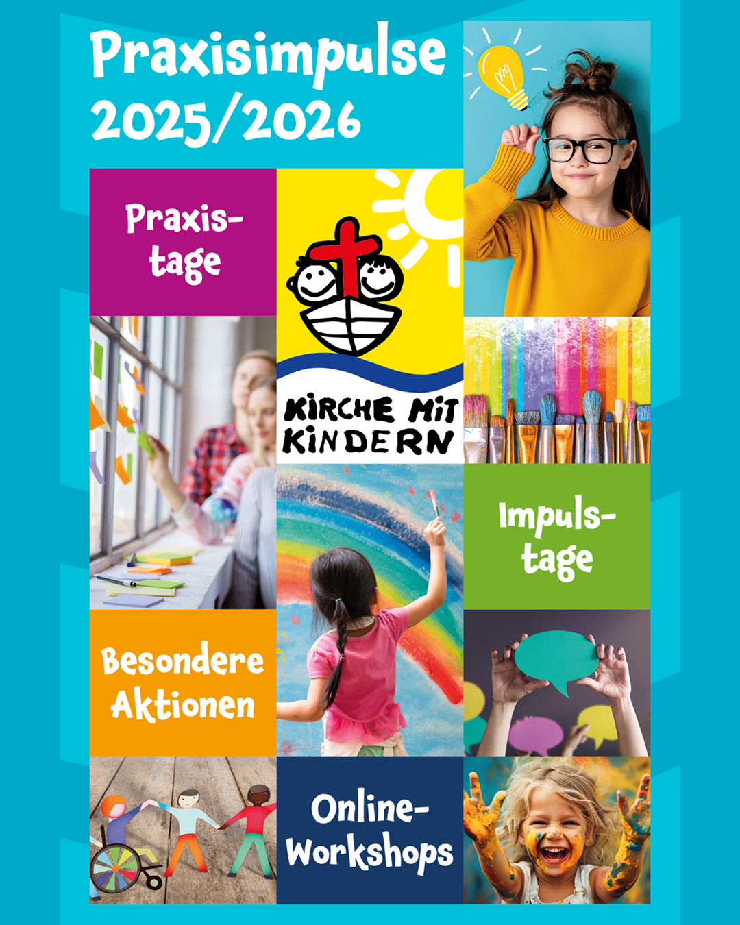 Titelseite des Fortbildungsprogramms für 2025 und 2026 mit verschiedenen bunten Bildern, auf denen kleine und große Menschen zu sehen sind