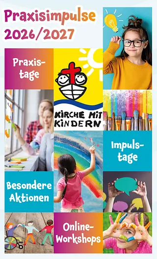 Titelseite des Fortbildungsprogramms für 2025 und 2026 mit verschiedenen bunten Bildern, auf denen kleine und große Menschen zu sehen sind