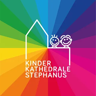 Link der Kinderkathedrale Werries. Eine weiße stilisierte Kirche mit zwei Kinderköpfen im Comicstil auf einem regenbogenfarbenen Hintergrund