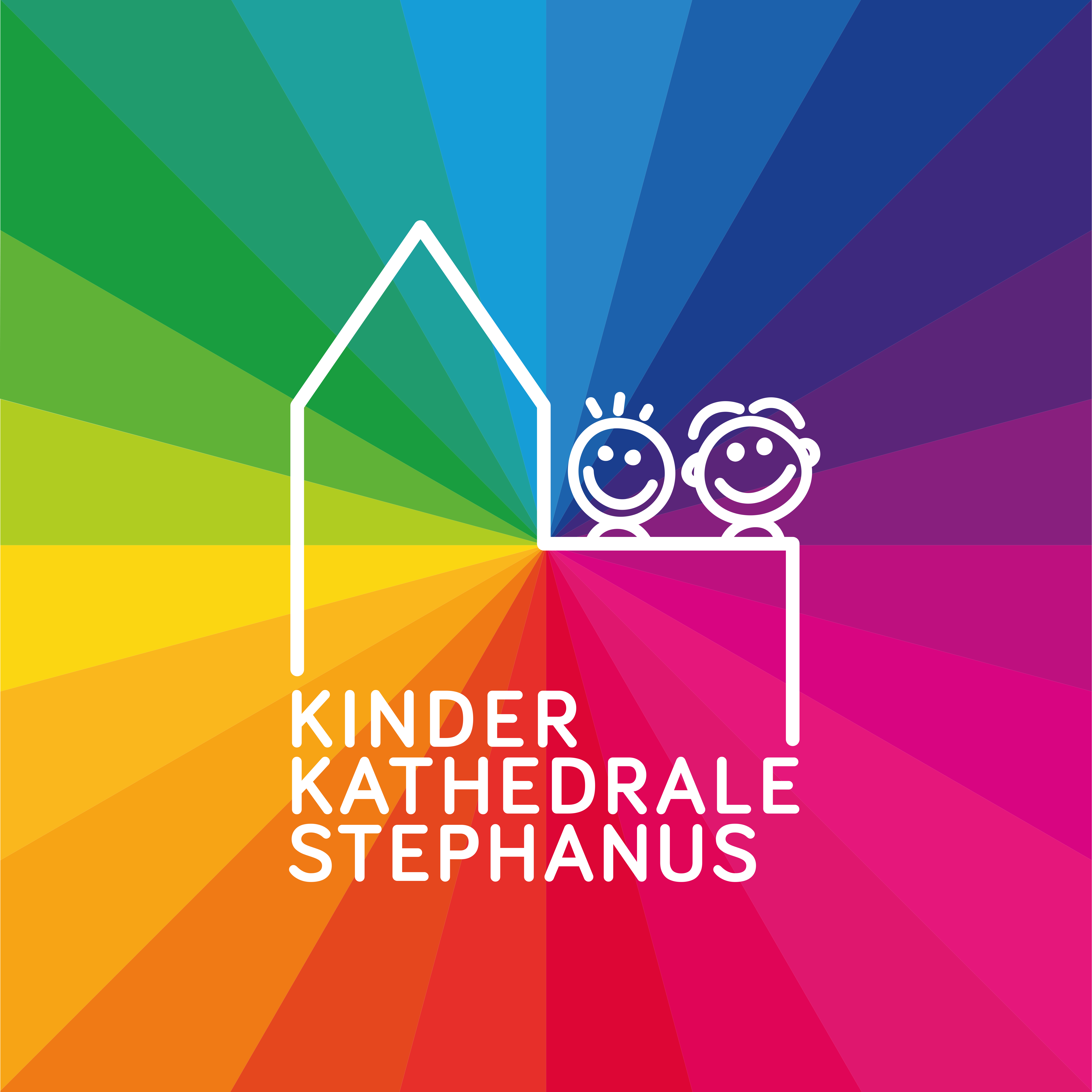 Link der Kinderkathedrale Werries. Eine weiße stilisierte Kirche mit zwei Kinderköpfen im Comicstil auf einem regenbogenfarbenen Hintergrund