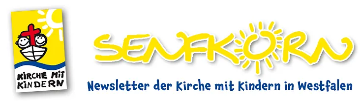 Logo der westfälischen Kirche mit Kindern mit dem Senfkorn-Newsletter-Schriftzug in gelb,