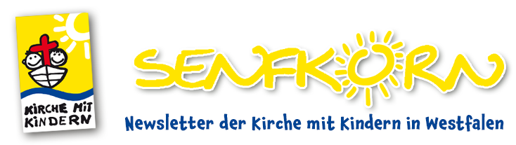Logo der westfälischen Kirche mit Kindern mit dem Senfkorn-Newsletter-Schriftzug in gelb,
