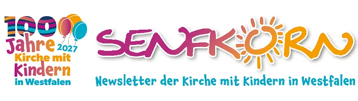 Logo der westfälischen Kirche mit Kindern mit dem Senfkorn-Newsletter-Schriftzug in gelb,
