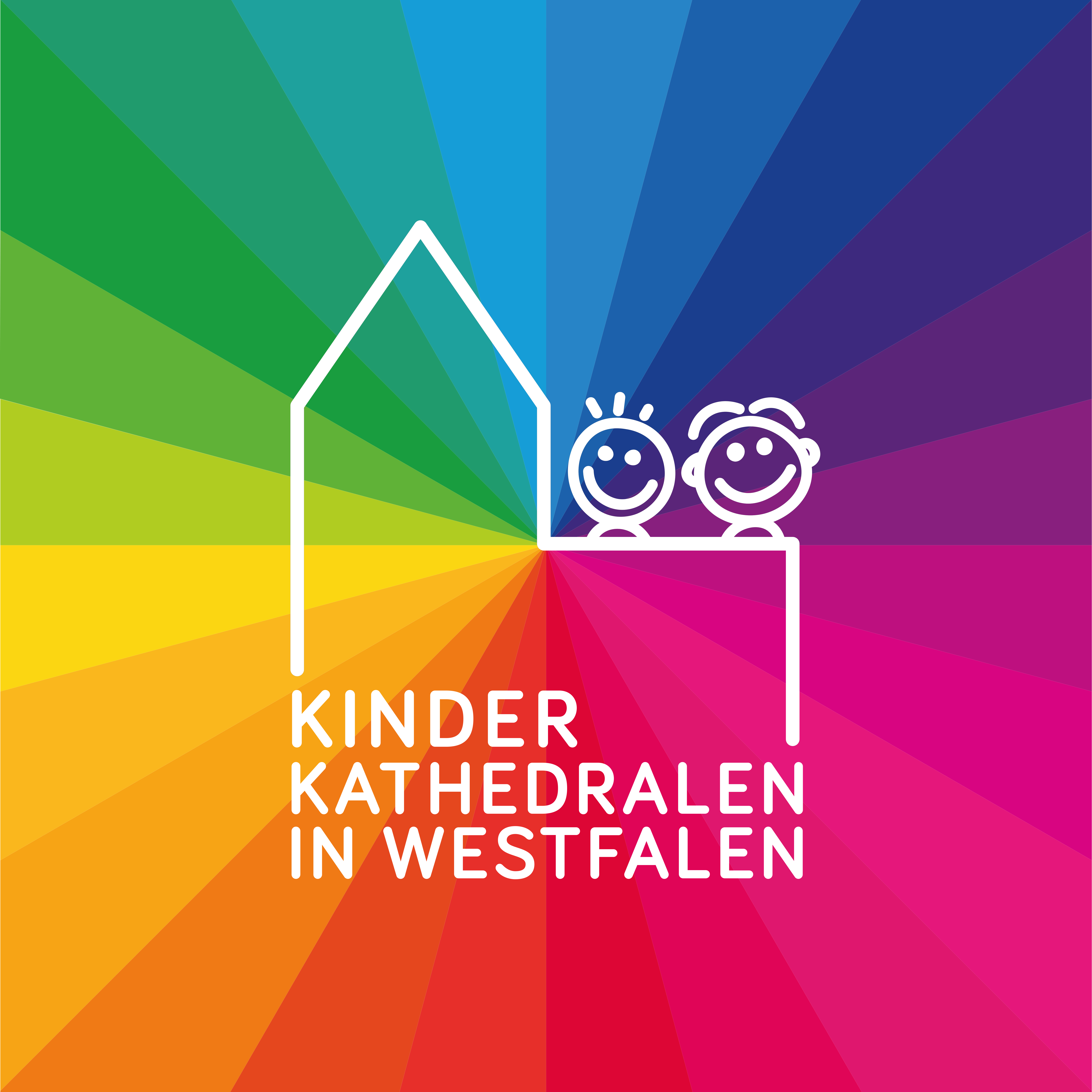 Link der Kinderkathedralen in Westfalen. Eine weiße stilisierte Kirche mit zwei Kinderköpfen im Comicstil auf einem regenbogenfarbenen Hintergrund